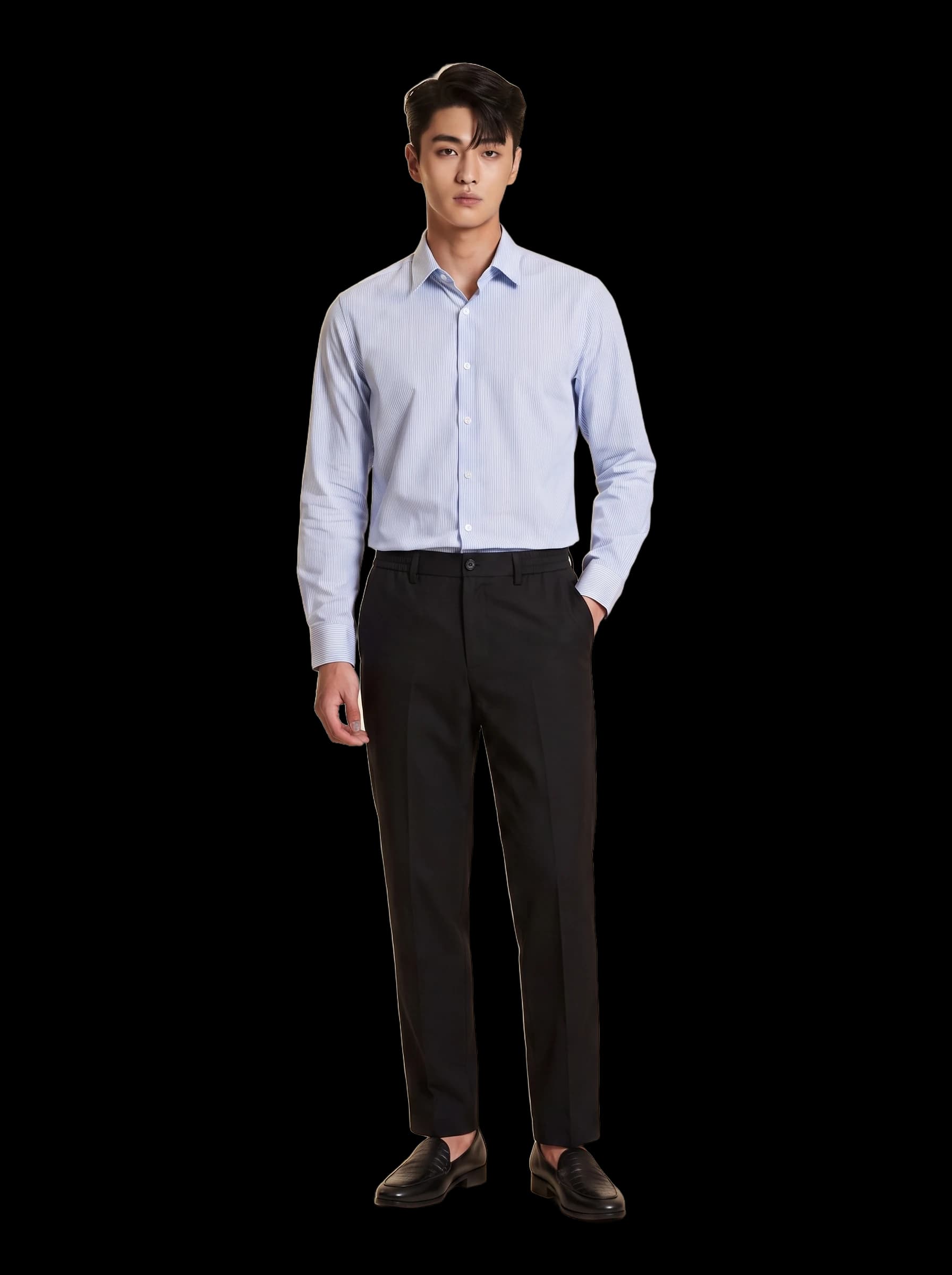 SM regular fit dài tay ,màu xanh kẻ tăm trắng, cổ basic #1160
