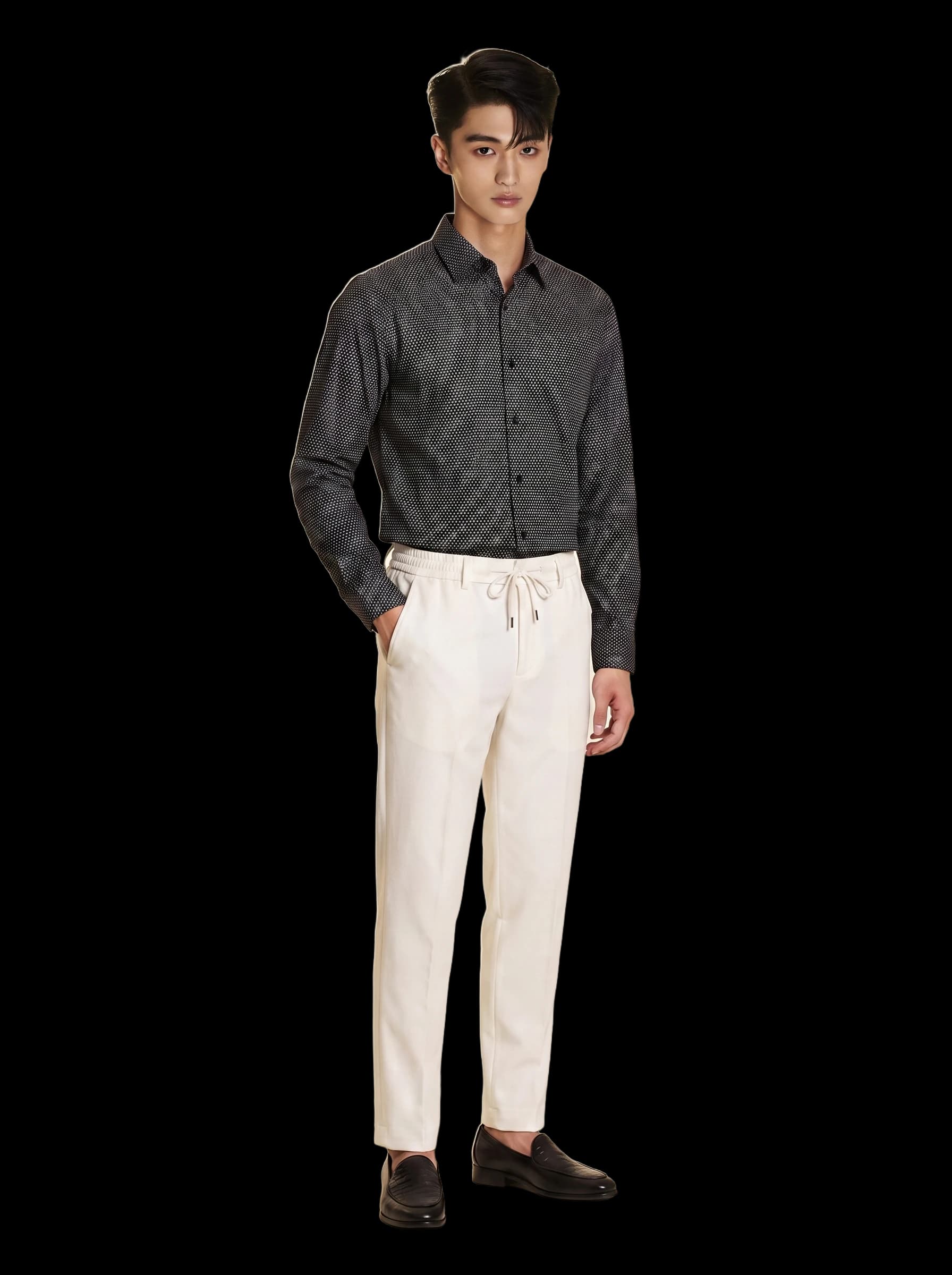 SM regular fit dài tay ,màu đen chấm trắng xám ,cổ basic #1165