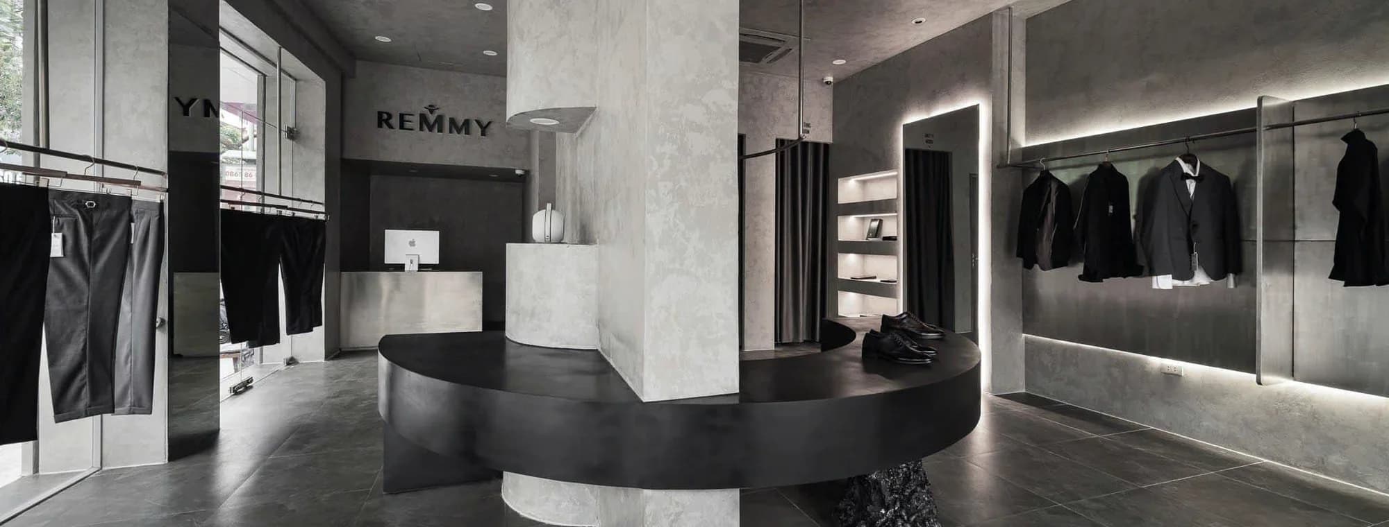Toàn cảnh nội thất bê tông tối giản của showroom REMMY 48 Phố Huế